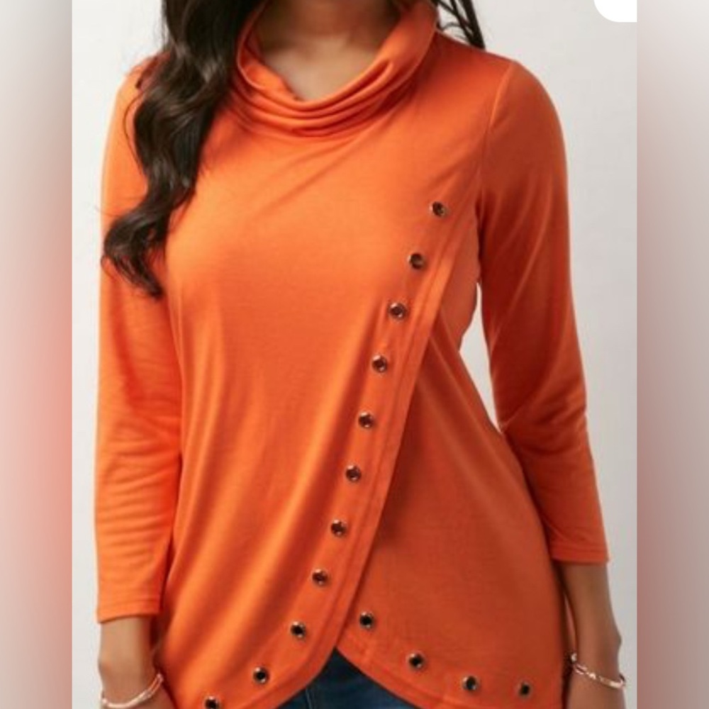 Vibrant Orange Cowl Neck asymmetrical top with Button Accents